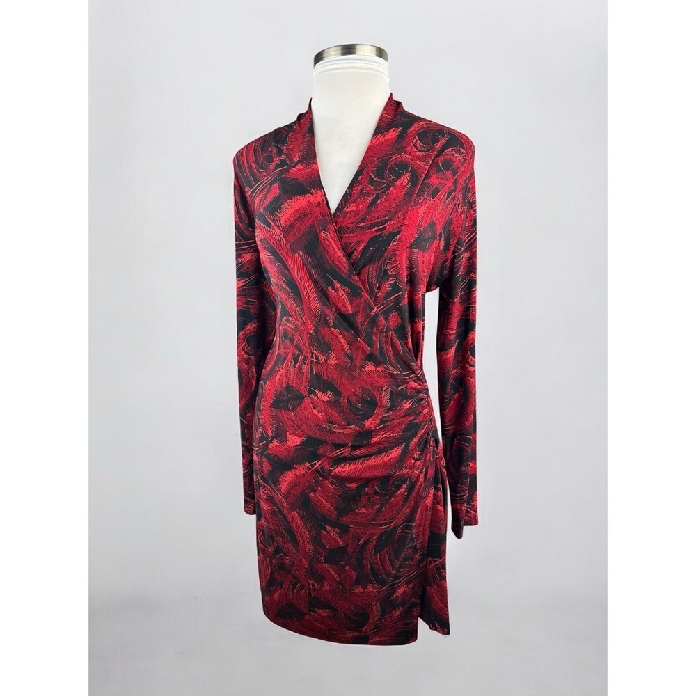 Norma Kamali Faux Wrap Dress Red & Black Feather Print Size XXL 2XL Office Chic - Picture 15 of 16